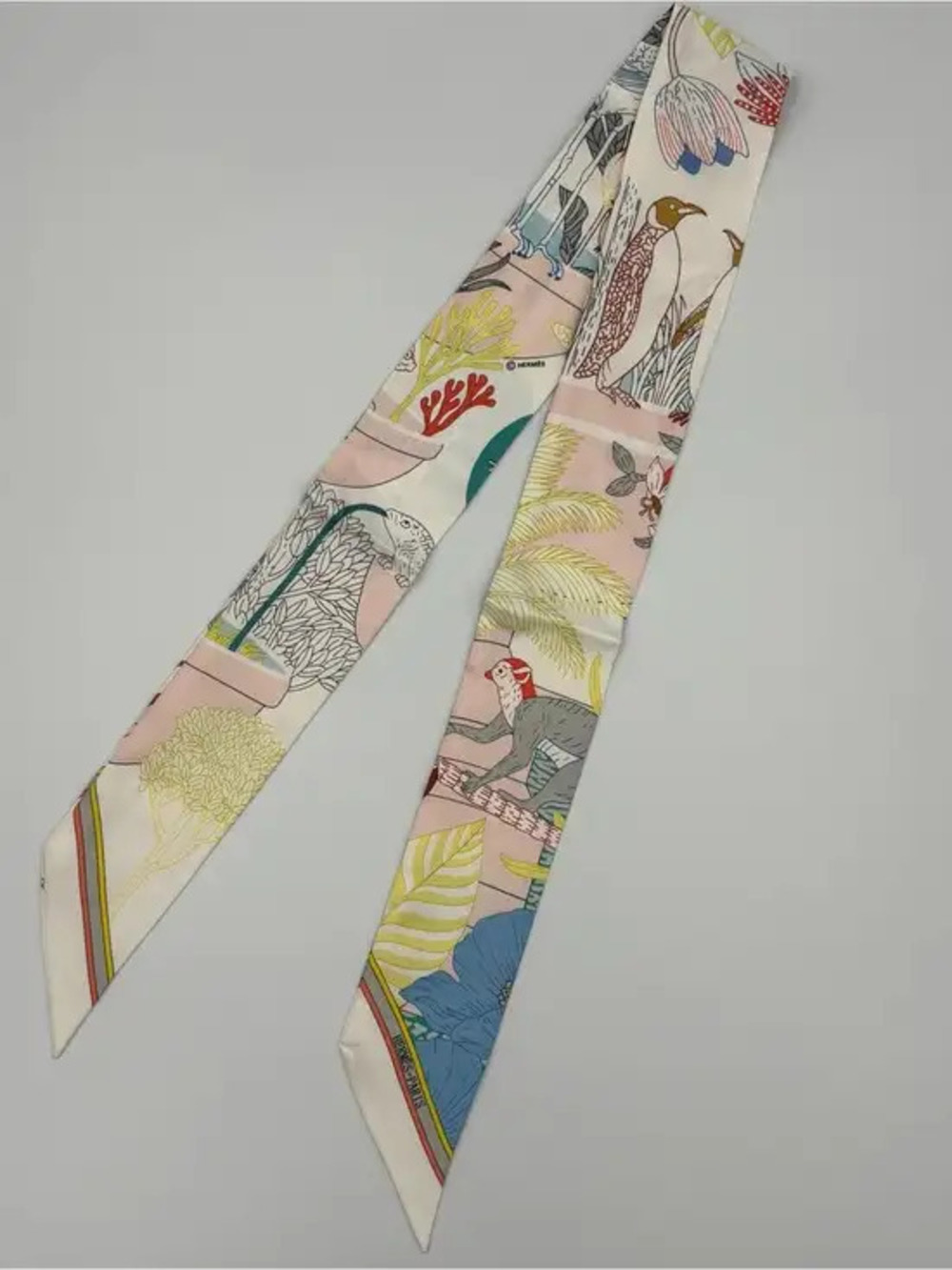 Hermes Twilly 100% Silk Jungle Animal Print Bag Tie Scarf